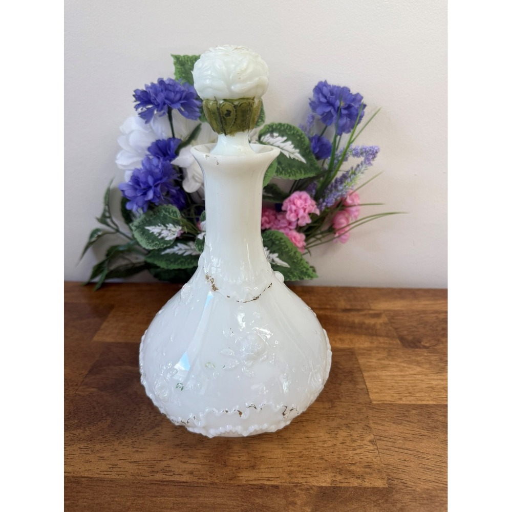 Antique Victorian‎ Milk Glass Decanter Embossed Floral Stopper Vintage Decor